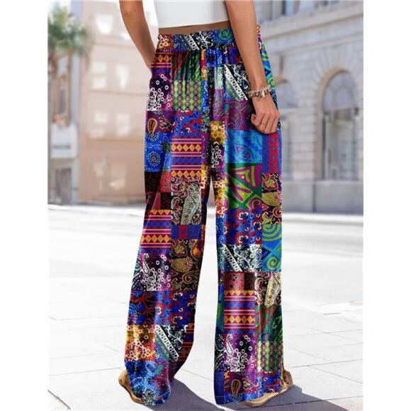 Women‎ Summer Boho Palazzo Pants High Waist Wide Leg Floral Casual Cotton - Picture 4 of 5